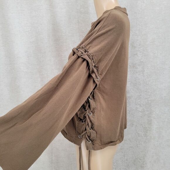 Zara Trafaluc Women's Small Brown Crewneck with Rope Tie Side Bell Sleeves - Picture 10 of 11